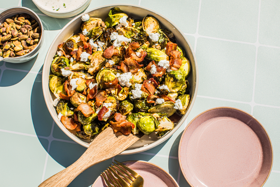 Air Fryer Brussels Sprouts with Goat Cheese, Bacon, and Pistachios