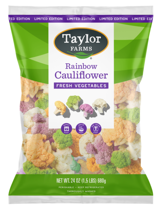 Rainbow cauliflower in a green Taylor Farms package