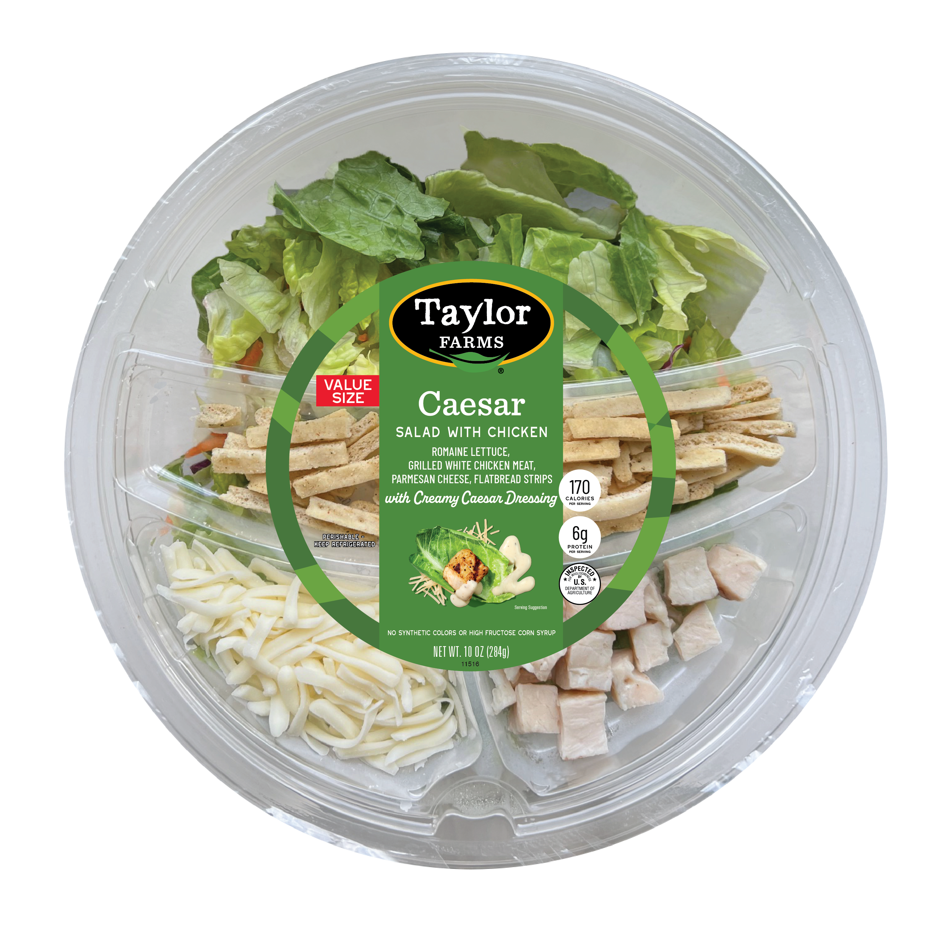 Fresh Caesar salad with romaine lettuce, crunchy croutons, and creamy dressing from Taylor Farms.