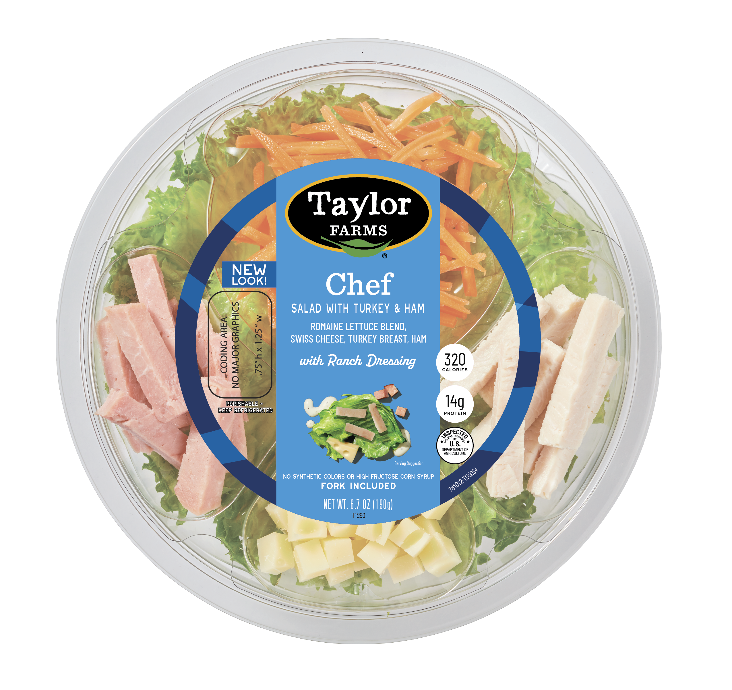 Chef salad bowl with fresh greens, cherry tomatoes, and dressing, featured on the top label of Taylor Farms 6.7oz product.