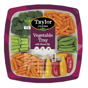 4lb vegetable tray with lidded film top, featuring fresh carrots, celery, and cherry tomatoes for healthy snacking.