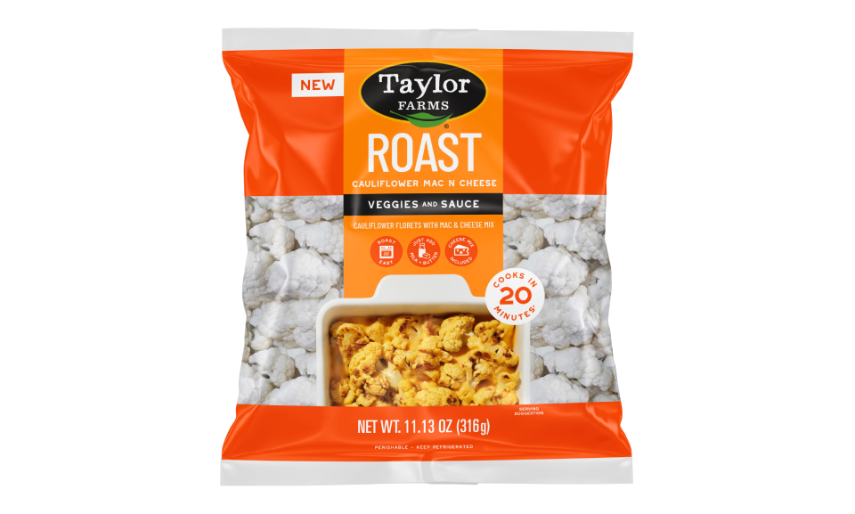 Taylor Farms Cauliflower Mac ‘n Cheese Roast Kit packaging featuring nutritious cauliflower and cheese blend.