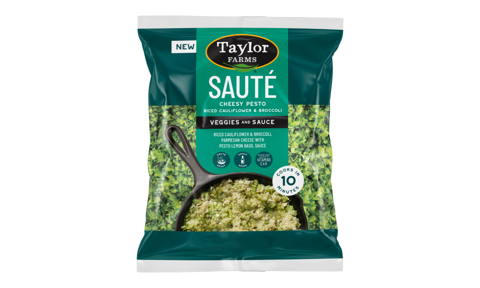 Cheesy pesto riced cauliflower and broccoli sauté kit from Taylor Farms, ready for a healthy meal option.