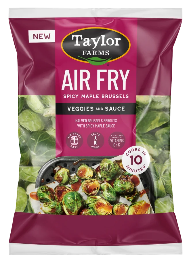 The Taylor Farms Air Fry Spicy Maple Brussels package, showing halved Brussels sprouts and spicy maple sauce.