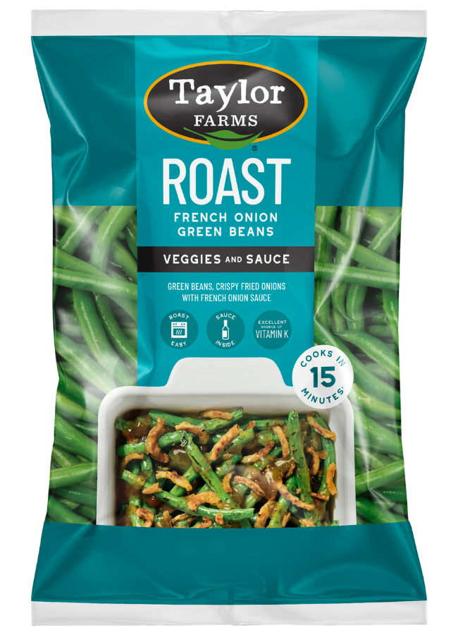 The Taylor Farms French Onion Green Beans Roast Kit package, showing whole green beans, French onion sauce, and crispy fried onions.