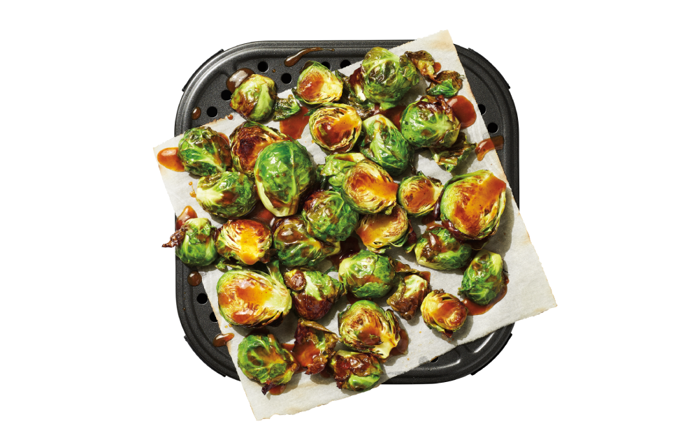 Spicy maple Brussels sprouts air fry kit, perfectly cooked and ready to serve.