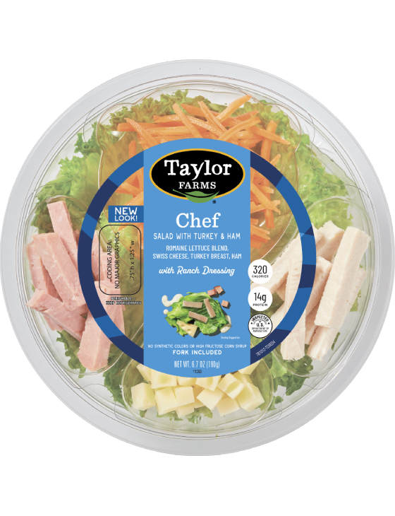 Taylor Farms chef salad featuring turkey and ham with fresh greens and vibrant vegetables.