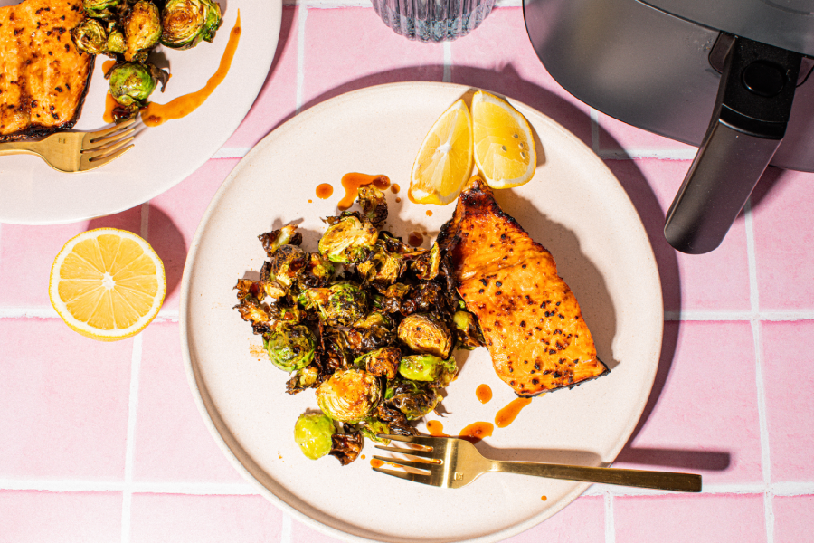 Salmon and Air Fryer Spicy Maple Brussels Sprouts