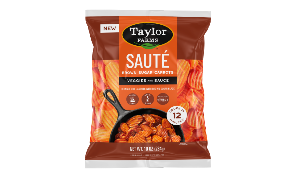 Brown Sugar Carrots Sauté Kit packaging from Taylor Farms featuring vibrant, fresh carrots and seasonings.