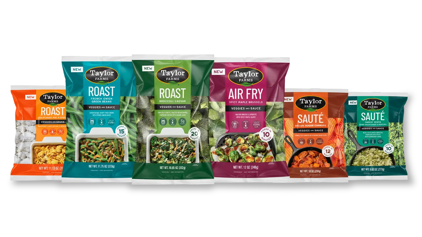 Ready-to-cook vegetable kits from Taylor Farms, featuring fresh, colorful vegetables for convenient meal preparation.