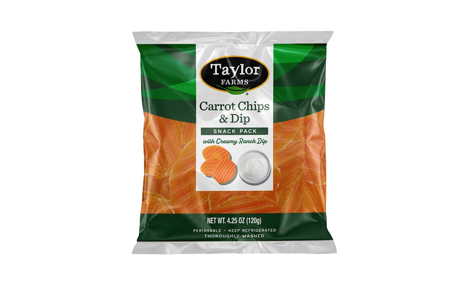 Fresh carrots with dip packaging from Taylor Farms, perfect for healthy snacking or meal prep.