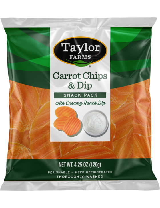 Carrot chips and dip snack pack by Taylor Farms, perfect for healthy snacking and entertaining.