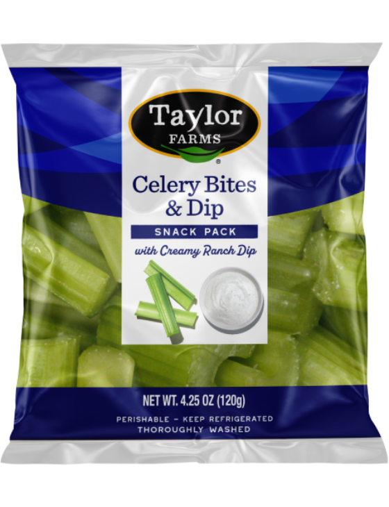 Celery bites and dip snack pack by Taylor Farms, perfect for healthy snacking on-the-go.