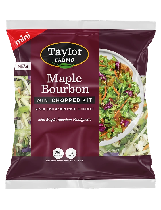 Maple Bourbon Mini salad blend featuring fresh greens, crispy vegetables, and a delicious maple bourbon dressing.