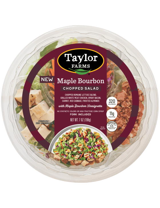 Maple Bourbon Chop Salad by Taylor Farms in a 7oz package, featuring fresh greens and crunchy toppings.