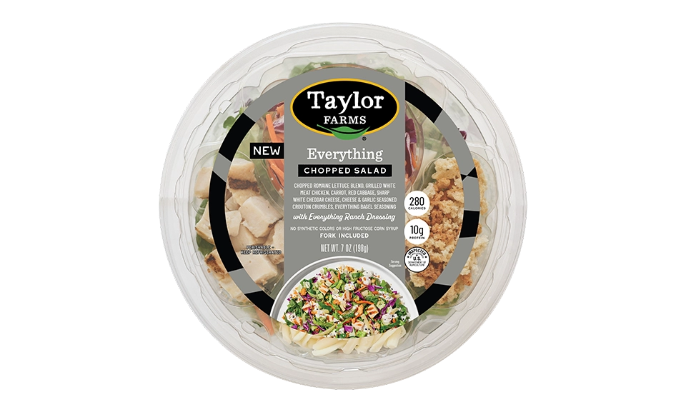 Taylor Farms Everything Chopped Salad Bowl featuring a colorful mix of fresh vegetables and greens in convenient packaging.