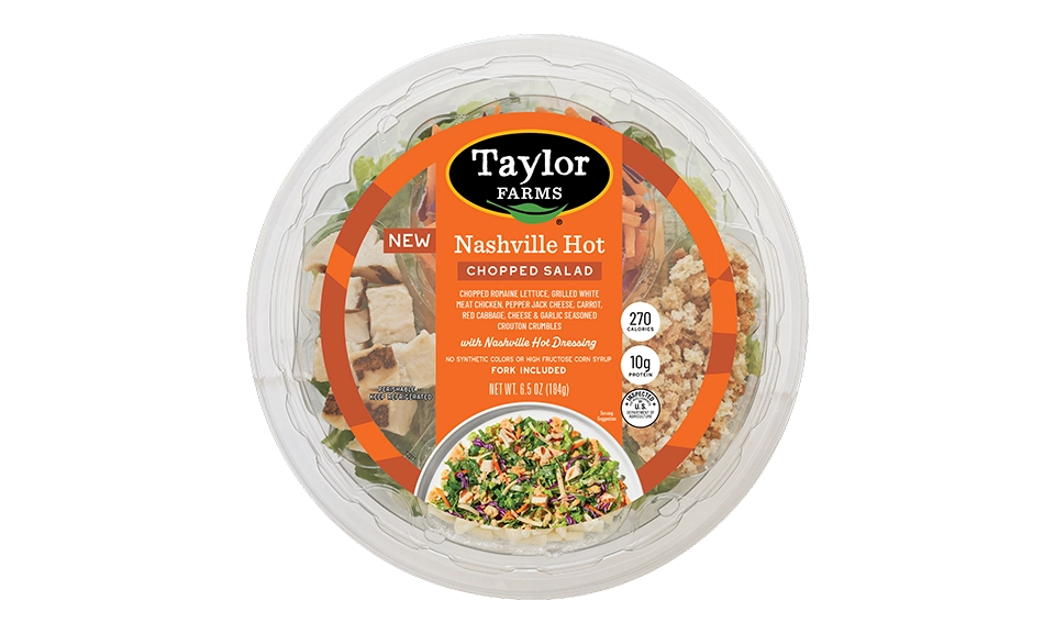 Nashville Hot Chopped Salad Bowl from Taylor Farms featuring spicy chicken, fresh greens, and savory toppings.