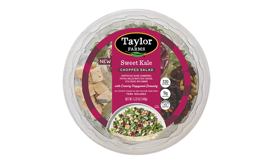 Taylor Farms sweet kale chopped salad bowl with fresh greens, cabbage, and nutritious toppings.