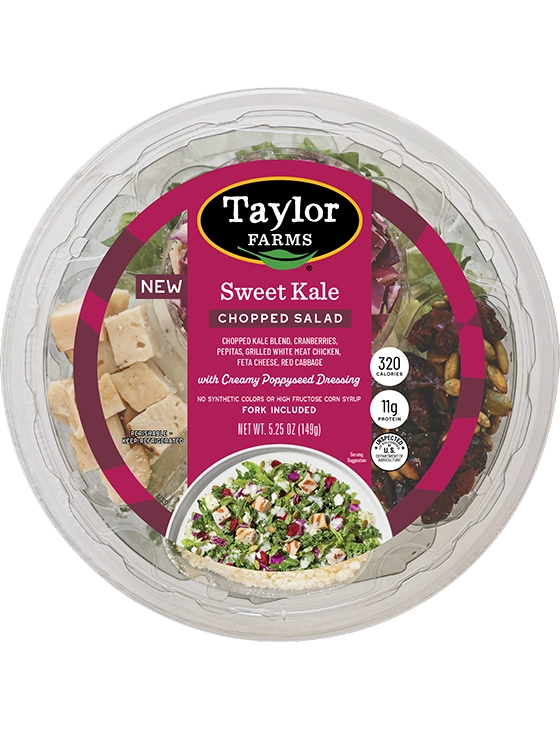 Taylor Farms Sweet Kale Chopped Salad Bowl featuring fresh greens, cabbage, and nutrient-rich toppings.