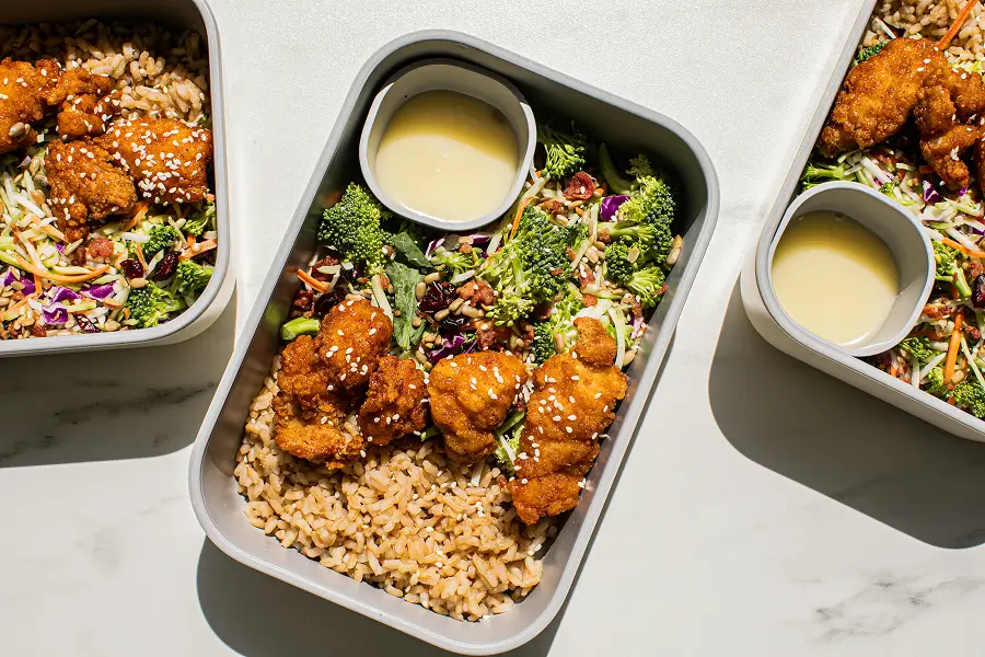 Hot Honey Chicken Broccoli Crunch Bowls