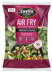 The Taylor Farms Air Fry Spicy Maple Brussels package, showing halved Brussels sprouts and spicy maple sauce.