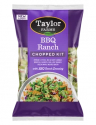 The BBQ Ranch Chopped Salad kit package, showing chopped romaine lettuce, broccoli, and cabbage topped with smoky bacon and creamy BBQ ranch dressing.