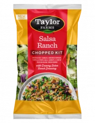 The Salsa Ranch Chopped Salad Kit package, showing romaine lettuce, red and green cabbage, kale, carrots, and green onions, which are topped off with shredded cheese, tortilla strips, and a salsa ranch dressing.